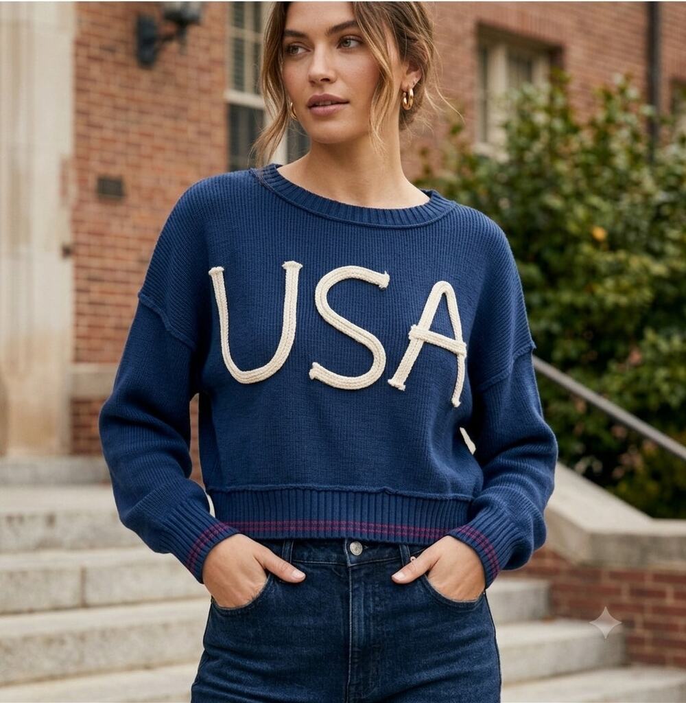 Altar'd State Cropped Navy Blue USA Knit Sweater. Size L